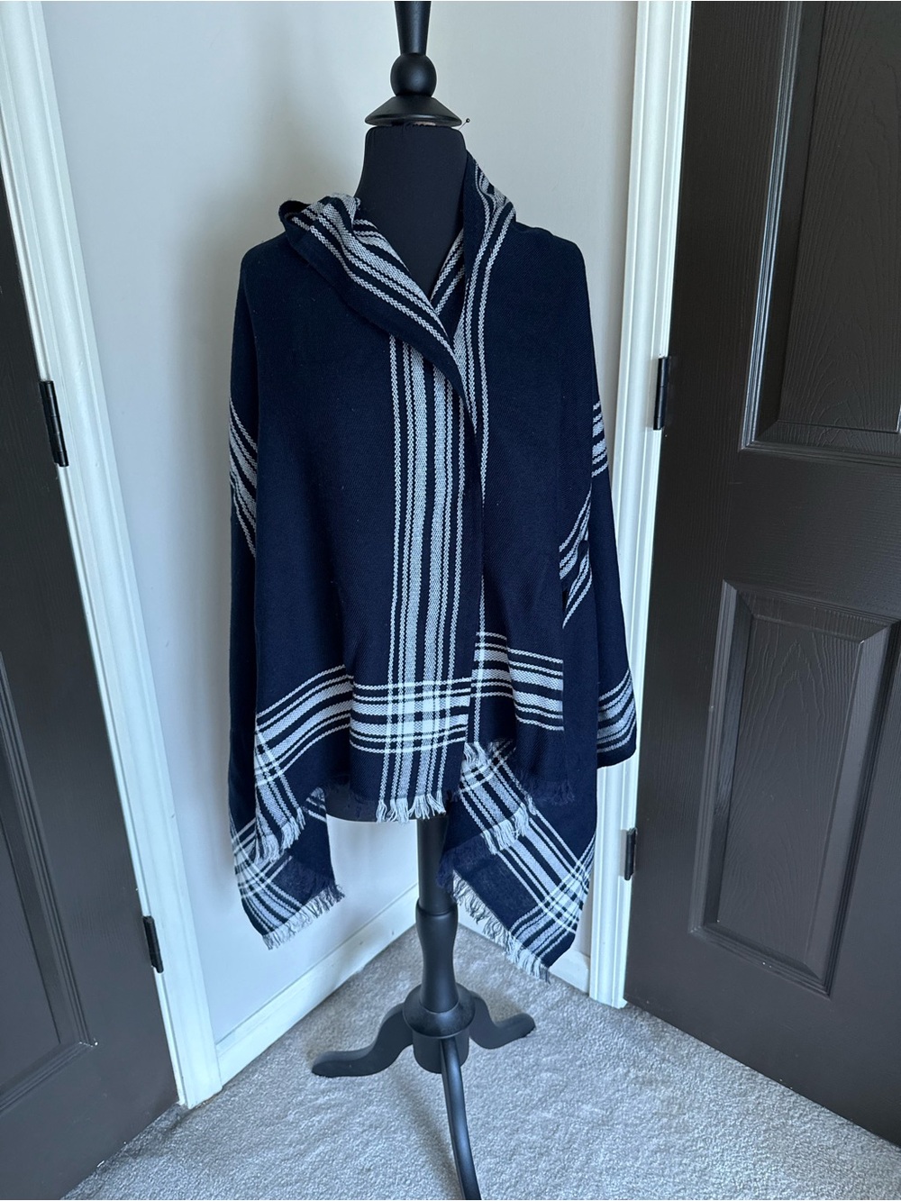 J. Crew Navy and White Plaid Hooded Wrap with Fringe